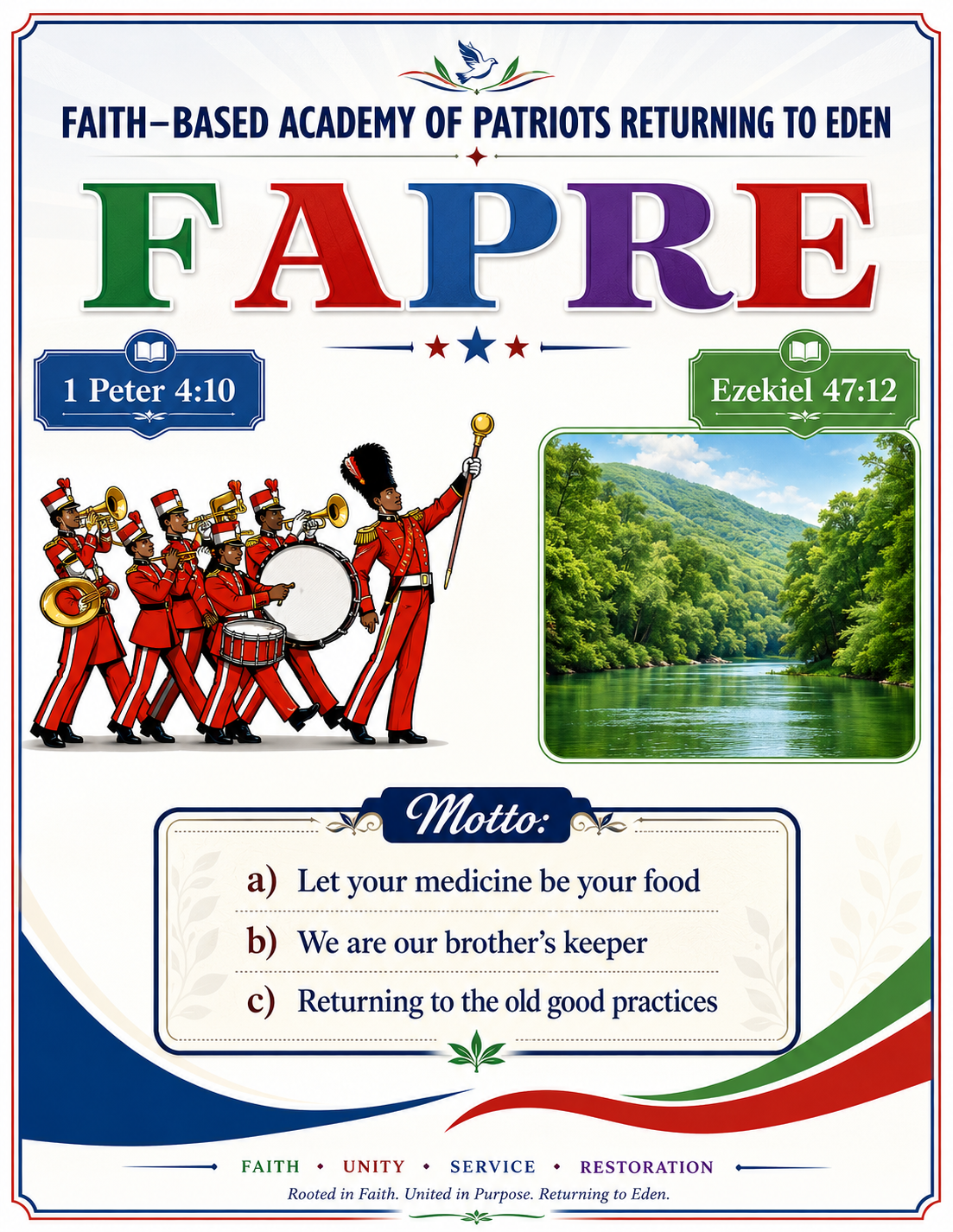 FAPRE commemorative poster — Faith-Based Academy of Patriots Returning to Eden with marching band, scripture references, and motto
