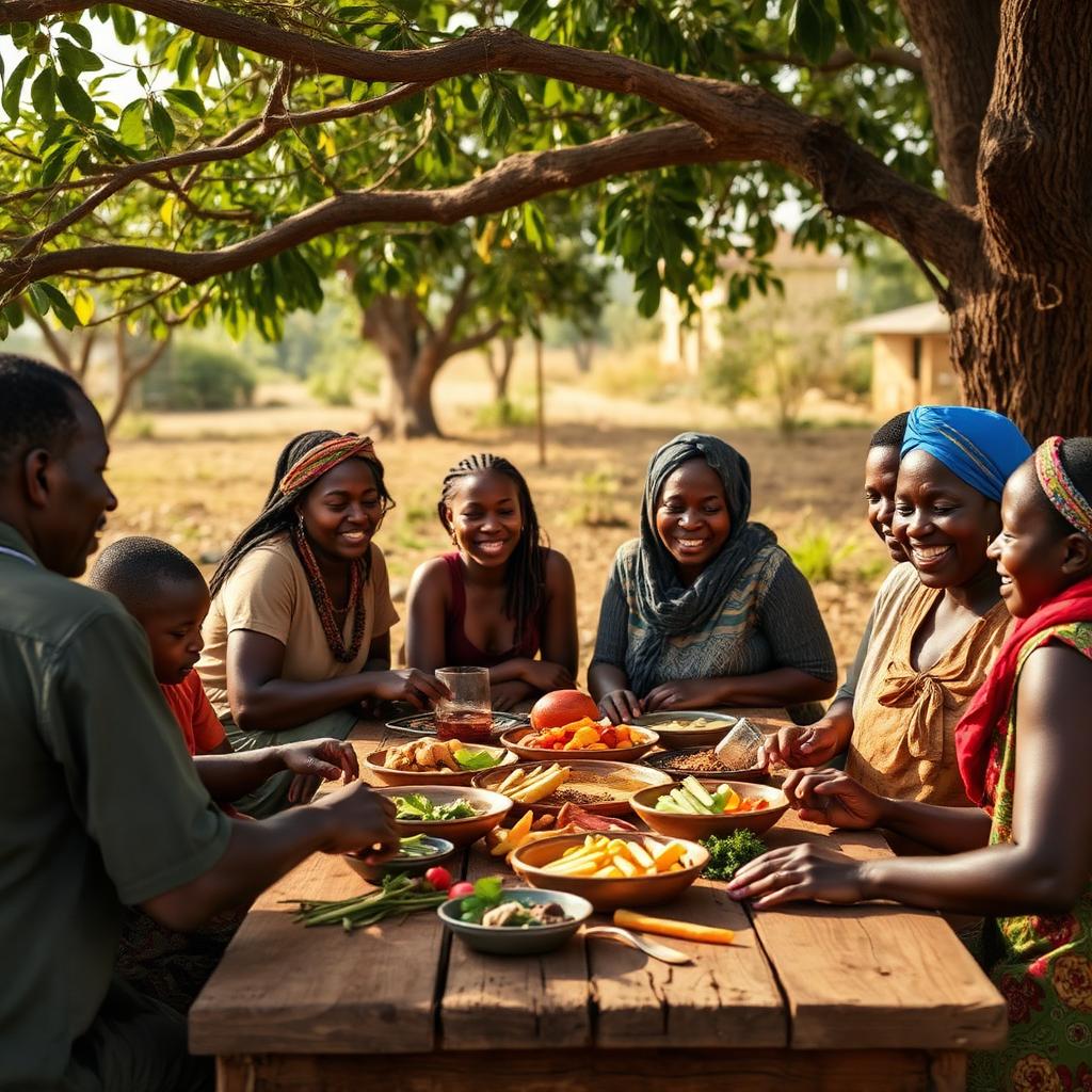 Multi-generational community gathering sharing natural food outdoors