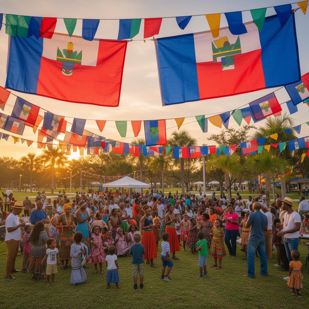 Haitian flags waving at a festive community gathering